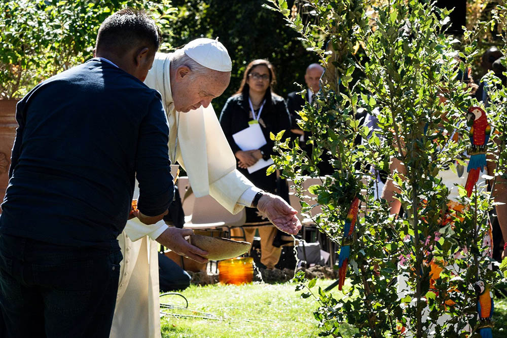 Pope Francis plants a tree in the Vatican Gardens Oct. 4, 2019. (Laudato Si' Movement)