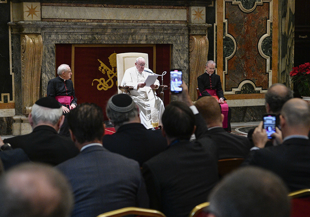 Pope Francis leads an audience with participants of the Rome Call for AI ethics meeting, Jan. 10, 2023, at the Vatican. (CNS/Vatican Media)