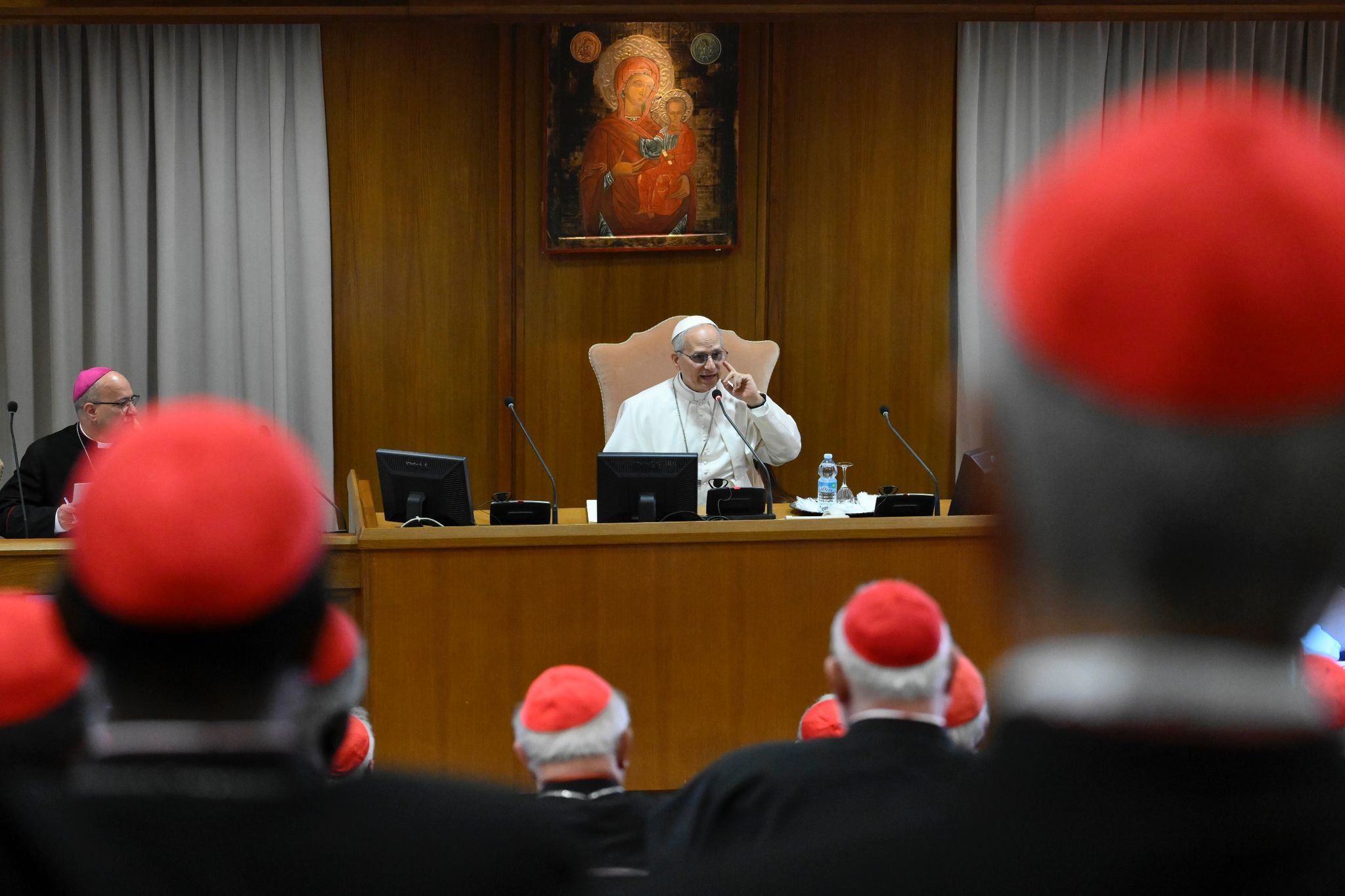 Pope Leo XIV speaks with the College of Cardinals in the New Synod Hall at the Vatican May 10, 2025, during his first formal address to the college since his election May 8. (CNS photo/Vatican Media)