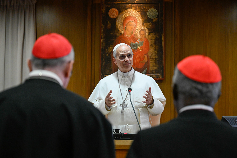 Pope Leo XIV speaks with the College of Cardinals in the New Synod Hall at the Vatican May 10, 2025, during his first formal address to the college since his election May 8. (CNS/Vatican Media)