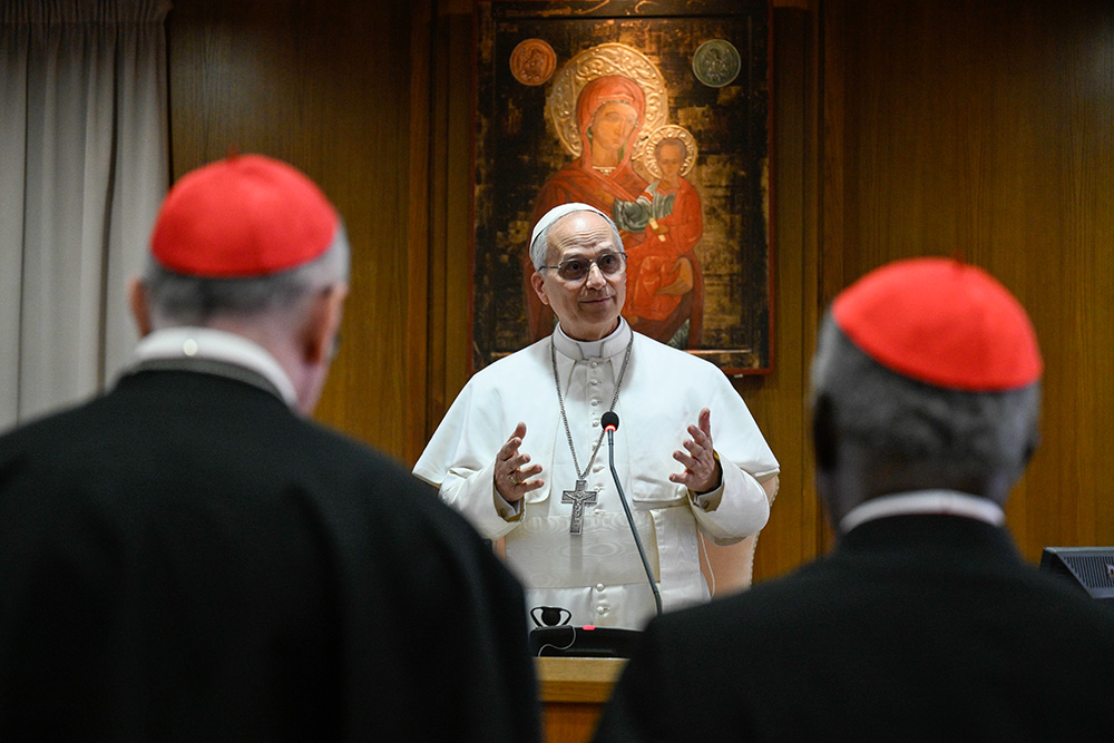 Pope Leo XIV speaks with the College of Cardinals in the New Synod Hall at the Vatican May 10, 2025, during his first formal address to the college since his election May 8. (CNS/Vatican Media)