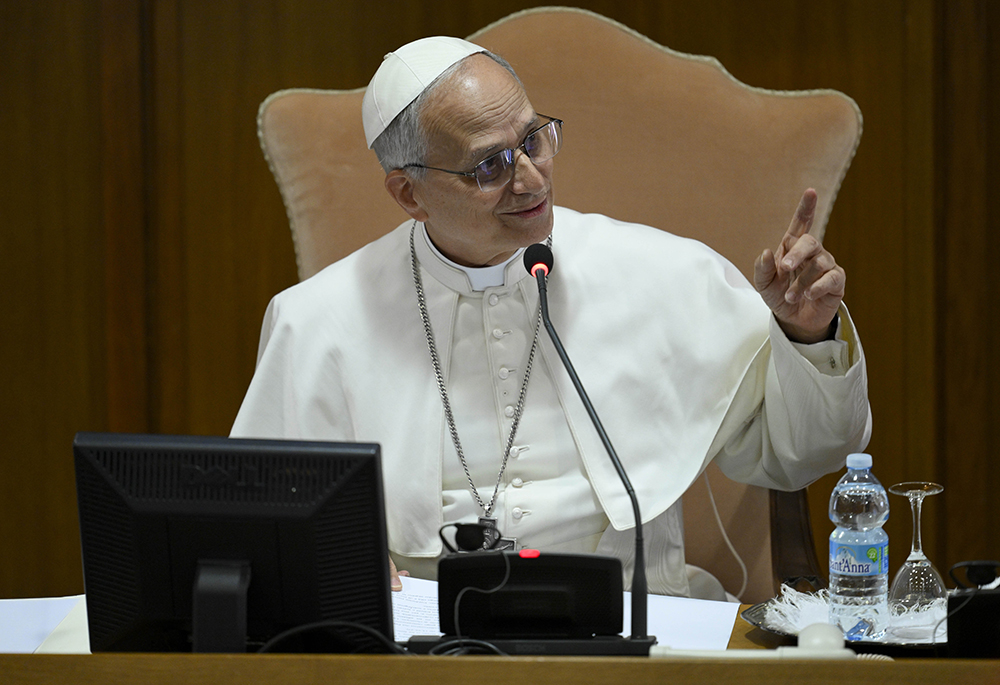 Pope Leo XIV speaks with the College of Cardinals at the Vatican May 10, 2025, during his first formal address to the college. He said he chose his name in homage to Pope Leo XIII, recognizing a need to renew Catholic social teaching to face today's new industrial revolution and developments of artificial intelligence "that pose new challenges for the defense of human dignity, justice and labor." (CNS/Vatican Media)