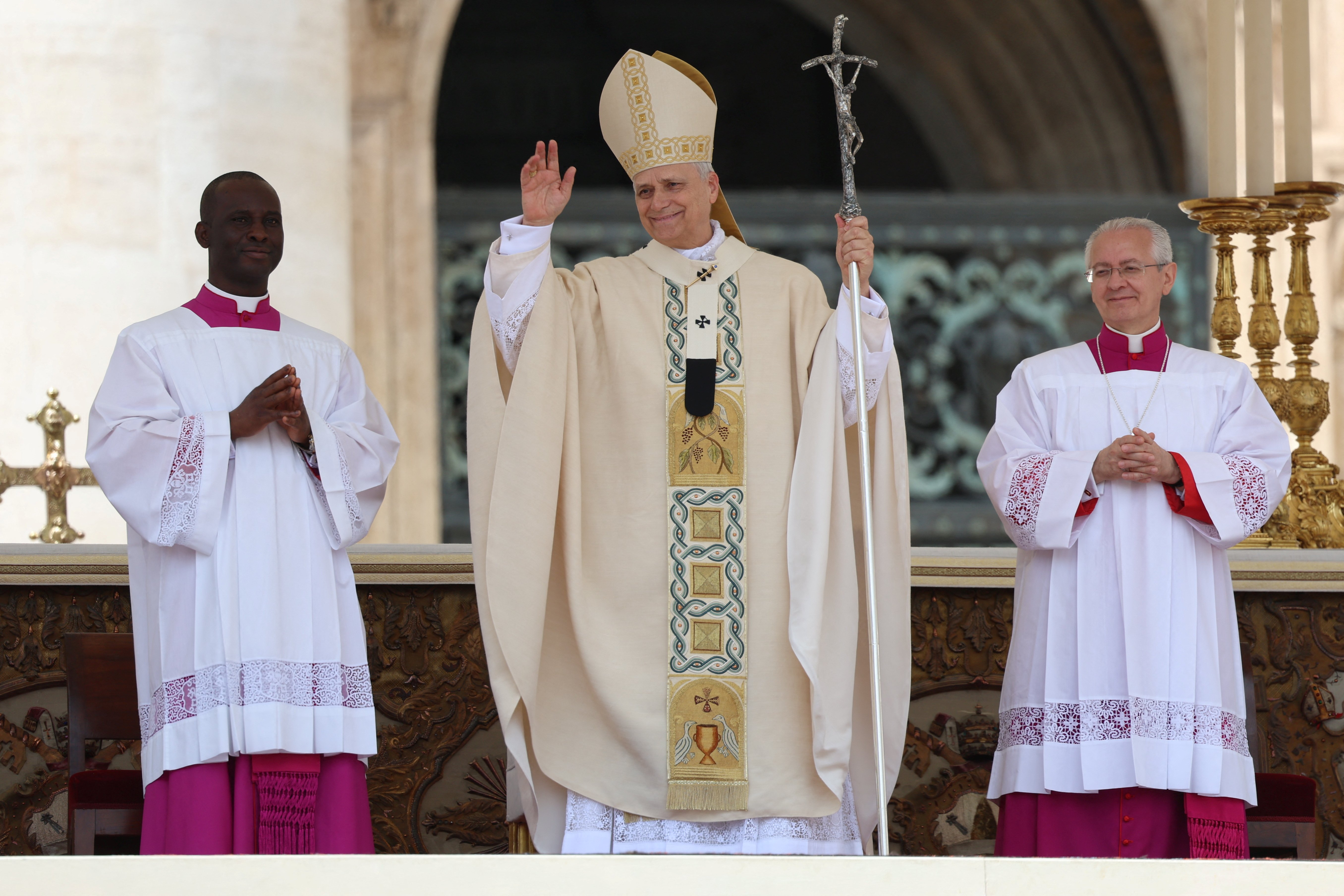 Pope Leo XIV, formerly Cardinal Robert Francis Prevost, waves at the conclusion of his inauguration Mass at the Vatican May 18, 2025. He is the first American pope in history. (OSV News photo/Claudia Greco, Reuters)