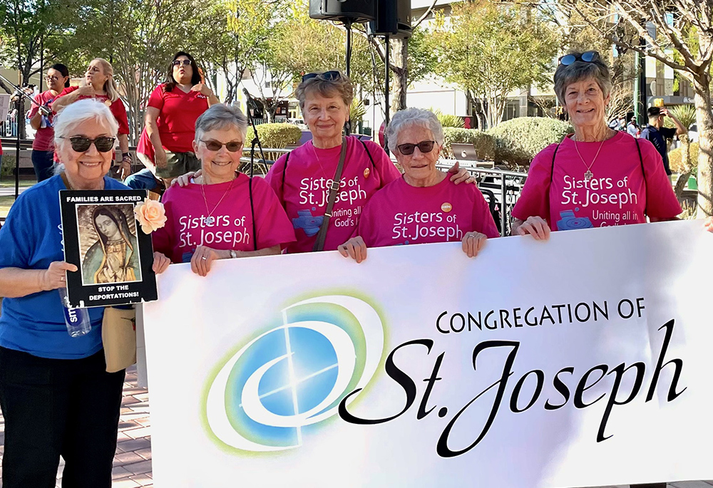 St. Joseph Sr. Jackie Schmitz (far right) joined other Sisters of Sr. Joseph at an El Paso border witness on March 2, 2024. Sr. Nina Rodriguez (far left) walks with difficulty but was determined to attend because both of her parents were undocumented. Schmitz, a Chicago native, volunteered to help at Migrant Ministry's "free stores." (Courtesy of Congregation of St. Joseph)