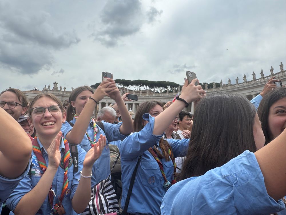 An Italian youth group joined an estimated 100,000 people in St. Peter's Square for Pope Leo XIV's "Regina Caeli" blessing May 11. (NCR photo/Rhina Guidos)