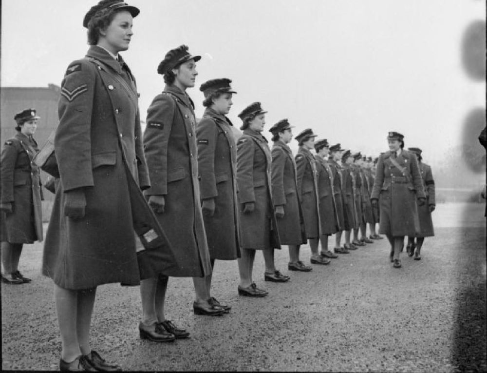 British Women's Auxiliary Air Force members stand during inspection. 