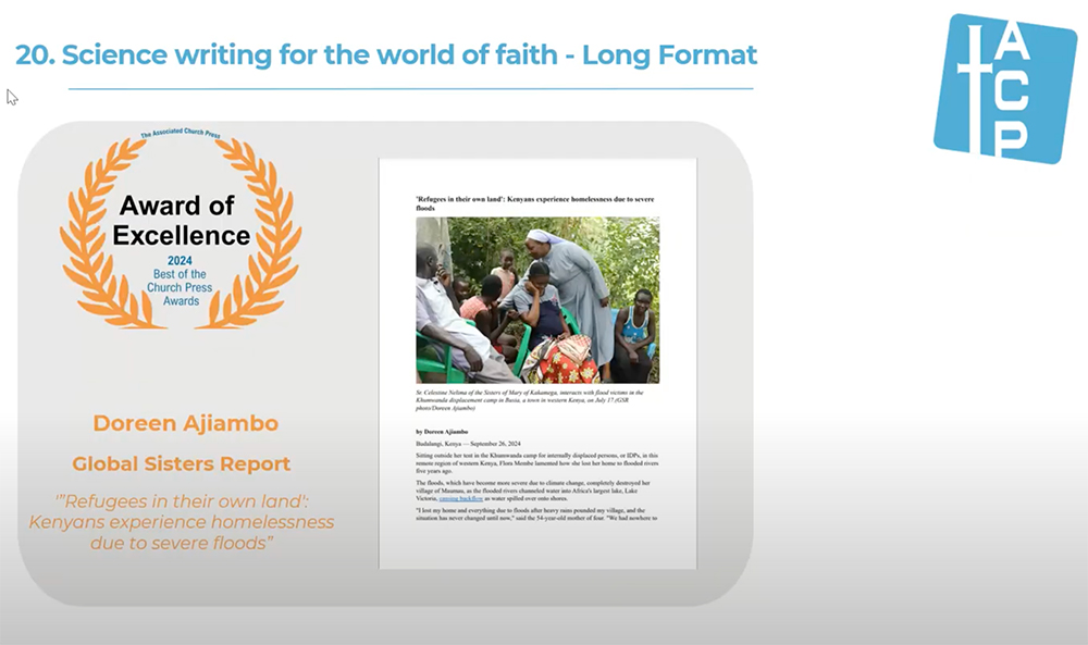Doreen Ajiambo, GSR's Africa regional correspondent, won an Associated Church Press award of excellence for her reporting on floods in Kenya causing homelessness and ultimately refugees in their own country. Ajiambo was among a few Associated Church Press recipients at GSR and NCR. (GSR screenshot)