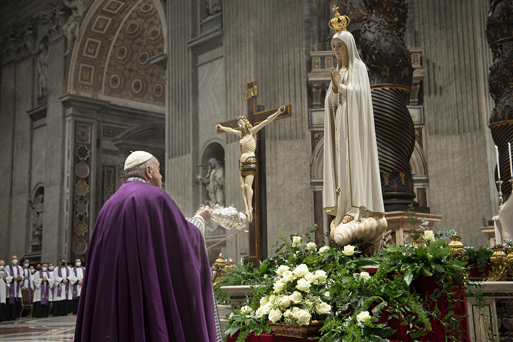 Pope Francis burns incense in front of a Marian statue after consecrating the world, and in particular Ukraine and Russia, to the Immaculate Heart of Mary during a Lenten penance service in St. Peter's Basilica at the Vatican March 25, 2022. A year later, he asked Catholics worldwide to renew the consecration and pray for peace. Pope Francis, formerly Argentine Cardinal Jorge Mario Bergoglio, died April 21, 2025, at age 88. (CNS/Vatican Media)