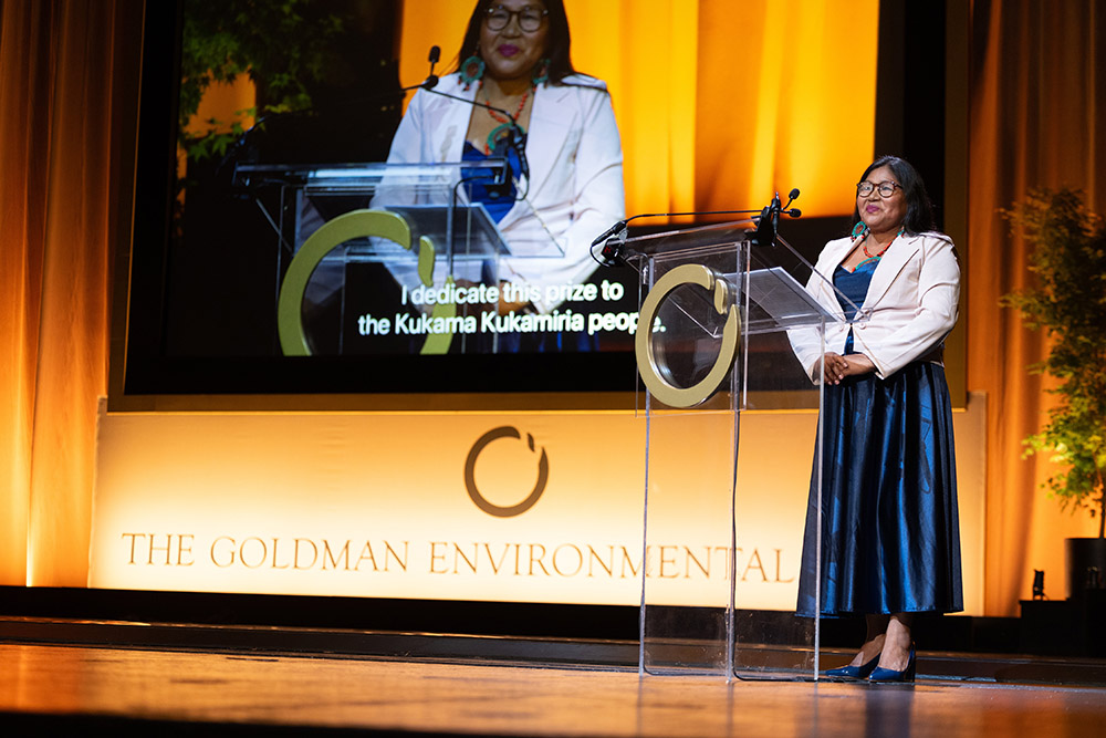 Mari Luz Canaquiri receives the 2025 Goldman Environmental Prize in San Francisco April 21. (Goldman Environmental Prize)
