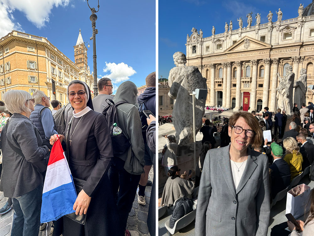 Left: Divine Love Oblate Sr. Jennifer Padilla Núñez holds a flag of her native Costa Rica outside the Basilica of St. Mary Major in Rome April 26, 2025, just before Pope Francis' entombment (GSR photo/Rhina Guidos). Right: Mercy Sr. Mary Scullion of Philadelphia poses for a photo before the funeral Mass of Pope Francis at St. Peter's Square in Vatican City April 26, 2025 (Courtesy of Mary Scullion).