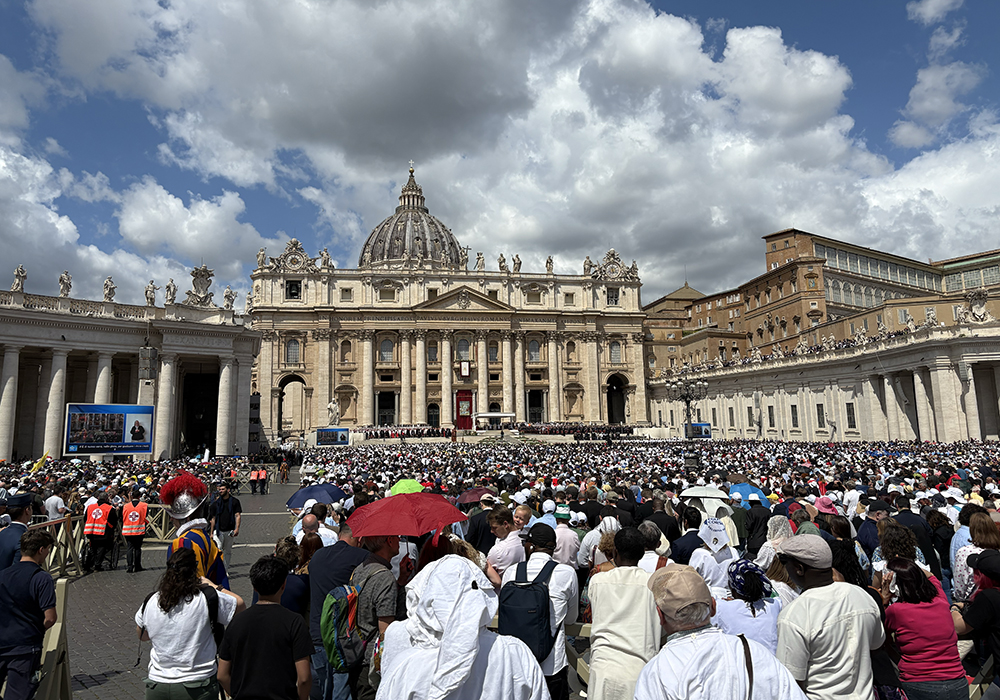 A view from St. Peter's Square of the crowd of pilgrims gathered at the Vatican during the installation Mass of Pope Leo XIV on May 18, 2025. (NCR photo/Camillo Barone)