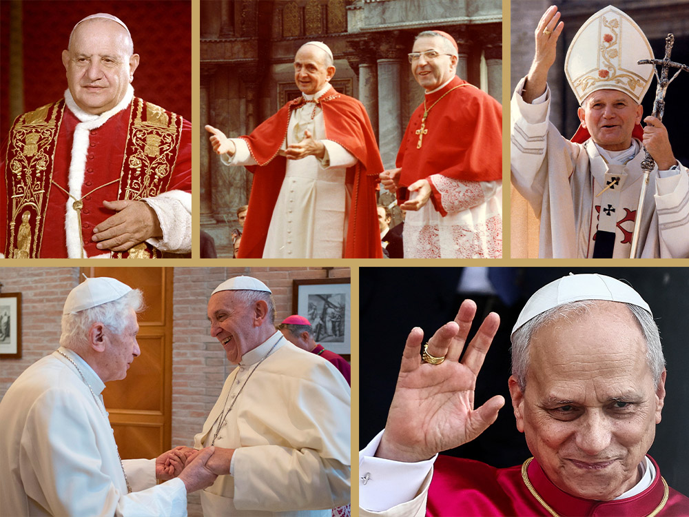 Top row, from left: Pope John XXIII in an undated photo (OSV News/Catholic Press Photo); Pope Paul VI and Archbishop Albino Luciani, the future Pope John Paul I, in 1972 (CNS); Pope John Paul II in 1978 (CNS/L'Osservatore Romano/Arturo Mari). Bottom row, from left: Pope Emeritus Benedict XVI and Pope Francis in 2016 (CNS/L'Osservatore Romano, handout); Pope Leo XIV on May 20, 2025 (OSV News/Reuters/Yara Nardi).
