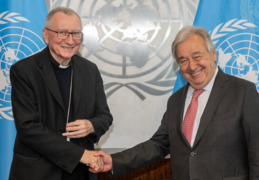 Cardinal Pietro Parolin (left), secretary of state of the Holy See, meets with Secretary-General António Guterres in New York City May 20, 2025. (UN Photo/Eskinder Debebe)