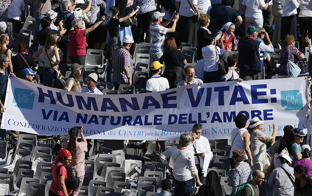 A banner referencing "Humanae Vitae," the 1968 encyclical of Blessed Paul VI, is seen in the crowd at the conclusion of the beatification Mass of Blessed Paul celebrated by Pope Francis in St. Peter's Square at the Vatican Oct. 19, 2014. (CNS/Paul Haring)