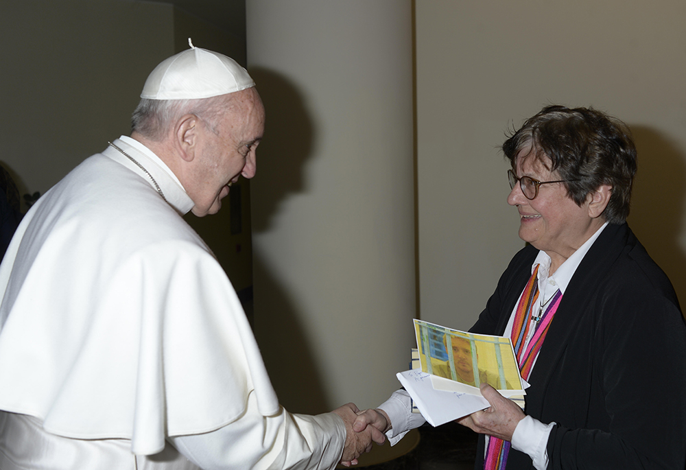 Pope Francis meets St. Joseph Sr. Helen Prejean, who has worked in prison ministry and against the death penalty for decades, after his morning Mass at the Domus Sanctae Marthae at the Vatican on Jan. 21, 2016. The pope asked Prejean about the case of Richard Masterson, a Texas man who was executed the previous day. (CNS/L'Osservatore Romano)