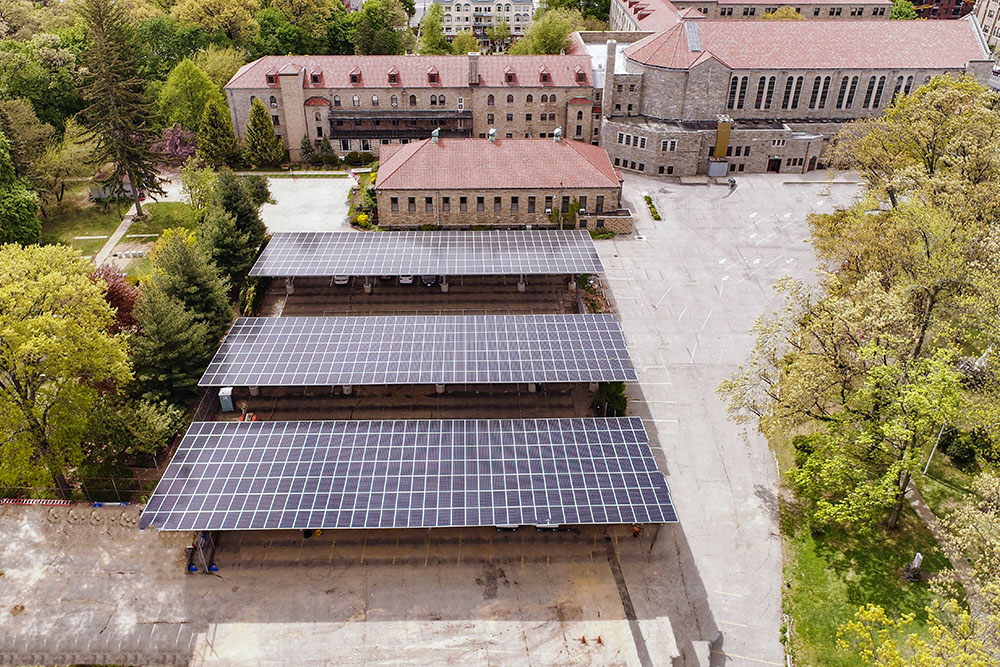 An aerial view taken in 2023 shows solar panels installed by Mission Energy at the Passionists' provincial office at Immaculate Conception Monastery in the New York borough of Queens. Mission Energy manages the Catholic Energies program, an initiative of the Washington-based Catholic Climate Covenant, which helps Catholic facility owners with starting solar energy projects. (OSV News/Courtesy of Mission Energy)