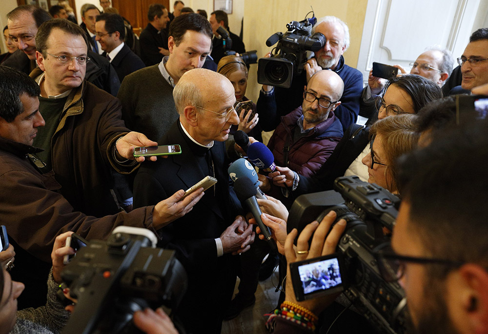 Spanish Msgr. Fernando Ocariz, head of Opus Dei, answers questions during a media opportunity at the University of the Holy Cross in Rome on Jan. 24, 2017. (CNS/Paul Haring)