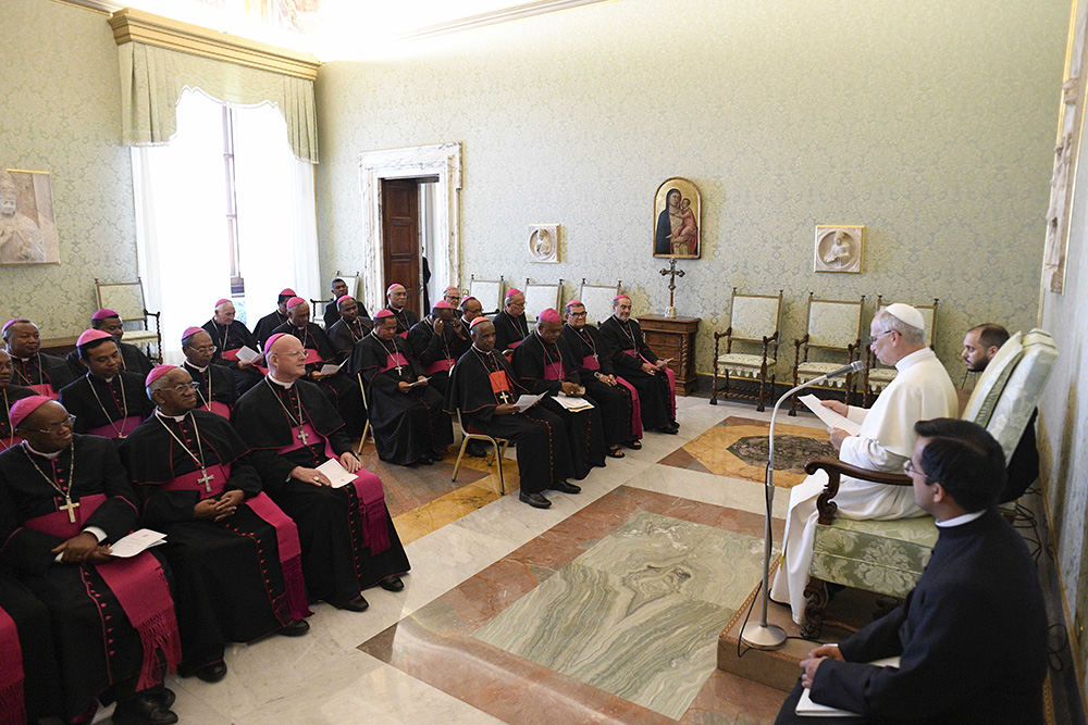 Pope Leo XIV addresses bishops from Madagascar visiting Rome for the Holy Year 2025 during a meeting at the Vatican June 16, 2025. (CNS/Vatican Media)