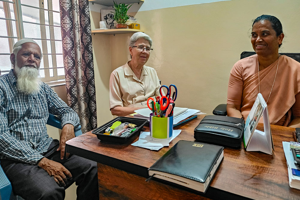 Masthan Sahib with Sr. Maria Rosa (center), a Spanish member of the Franciscan Sisters of the Immaculate, and Sr. Sagaya Rani, superior of their convent in Sumanahalli, a leprosy rehabilitation center in Bengaluru, southern India. (Thomas Scaria)