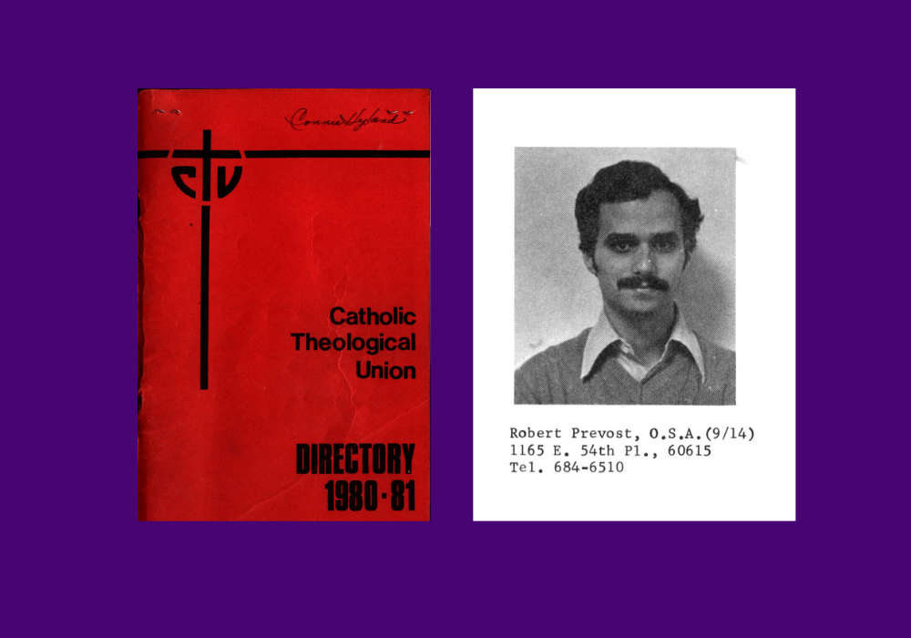 A photo of then student Robert Prevost from the 1978-79 student directory of the Catholic Theological Union in Chicago; cover of the 1980-81 CTU student directory (Courtesy of CTU)