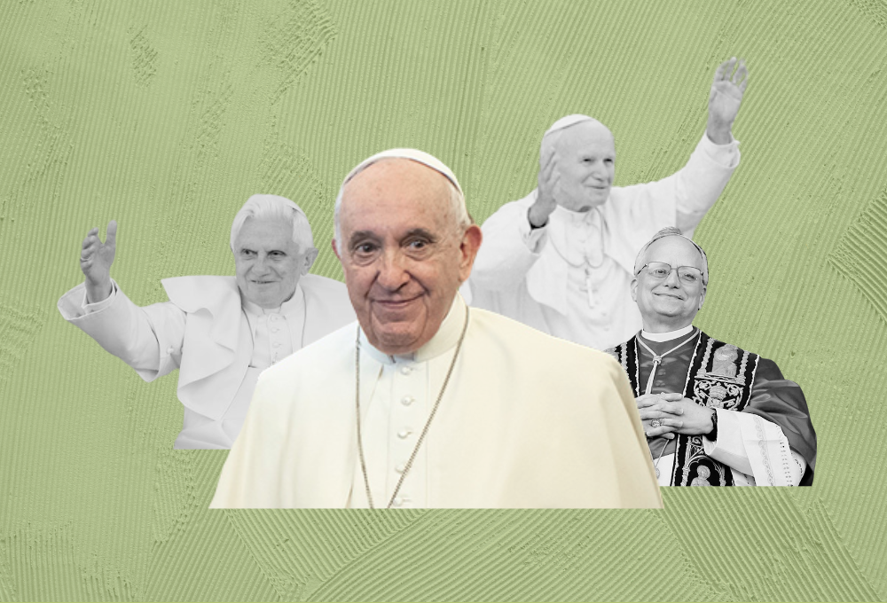 (Imagen Gráfica: GSR/Olivia Bardo, a partir de las fotos —izquierda a derecha— de CNS/Paul Haring, CNS/Vatican Media, archivo de CNS, OSV News/Reuters/Yara Nardi)