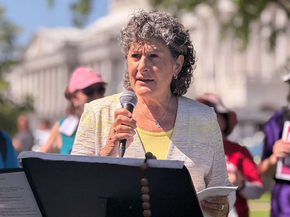 Mercy Sr. Mary Haddad, president and CEO of the Catholic Health Association of the United States, talks about adverse effects for the poor June 24, 2025, at the U.S. Capitol in Washington. Haddad joined a group of some 200 sisters and supporters speaking out against a bill lawmakers are considering, one that sisters fear would gut social safety net programs for the poor to extend tax breaks for the rich. (GSR photo/Rhina Guidos) 