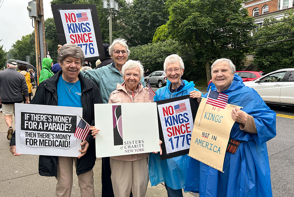 Sisters of Charity of New York attend a "No Kings" demonstration in Yonkers, New York, on June 14. From left: Srs. Donna Dodge, Virginia Searing, Mary Mc Cormick, Regina Bechtle and Claire Regan. (Courtesy of the Sisters of Charity of New York)