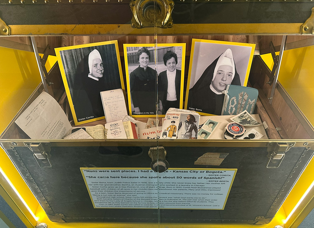 In the entrance of Operation Breakthrough, an exhibit displays the trunk with which Sr. Corita Bussanmas arrived in Kansas City before Sr. Berta Sailer joined her a year later. The two Sisters of Charity of the Blessed Virgin Mary founded the nonprofit in 1971. (GSR photo/Soli Salgado)