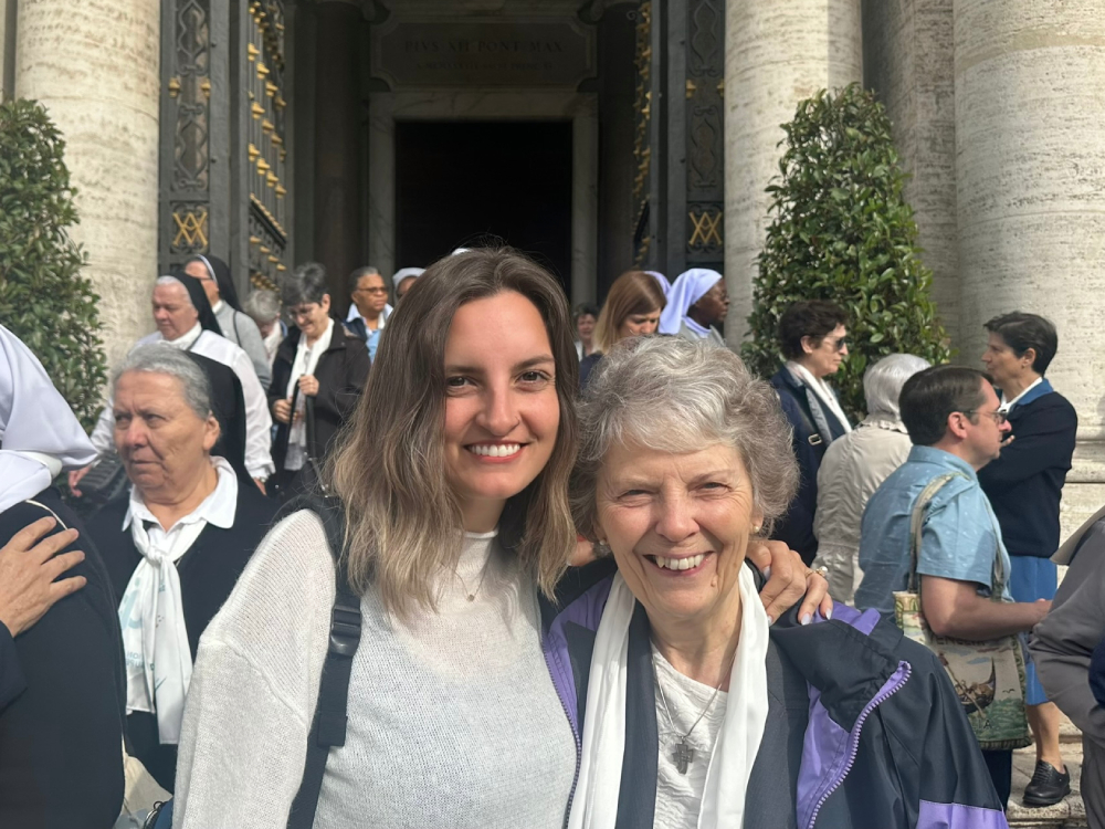 GSR editor Soli Salgado and GSR's international liaison to women religious, Sr. Joyce Meyer, at the Basilica of St. Mary Major, May 9. The assembly concluded the week with a visit to Francis' tomb and Mass. (Photo provided by Soli Salgado)