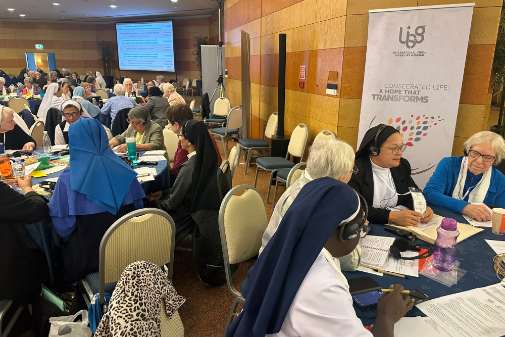 On the opening day of the May 5-9 general assembly for the International Union of Superiors General in Rome, sisters engaged in table discussions that modeled the format experienced at recent synods. "At first, for some the method was new," Sr. Joyce Meyer writes. "But we quickly became comfortable as we evolved into a community. It was an amazing experience to see how even in this short time, shared experience deepened." (GSR photo/Soli Salgado)