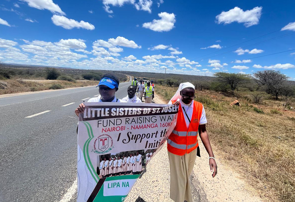 Little Sisters of St. Joseph on their five-day, 160-km fundraising walk from Holy Family Basilica, Nairobi, to Savelberg Primary School in Namanga, Kenya, in 2024. Their goal was to raise enough money to build new classrooms and a borehole for their day school. (Courtesy of Sr. Julian Simba)