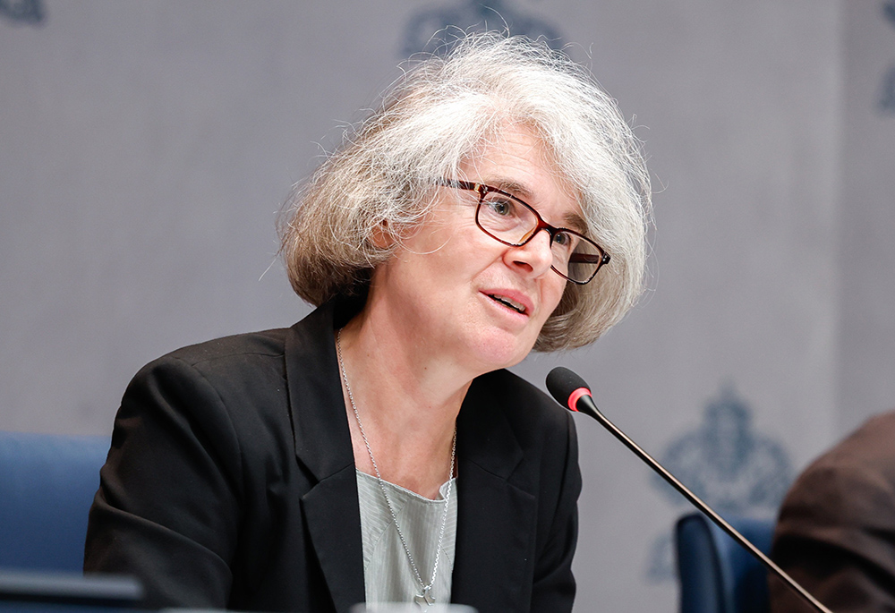 Xavière Missionary Sr. Nathalie Becquart, undersecretary of the Synod of Bishops, speaks at an Oct. 21, 2024, press briefing about the Synod of Bishops at the Vatican. (CNS/Lola Gomez)
