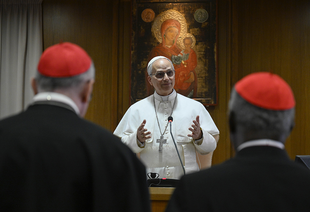 Pope Leo XIV speaks with the College of Cardinals in the New Synod Hall at the Vatican May 10, 2025, during his first formal address to the college since his election May 8. Leo spoke to the cardinals about choosing the name Leo XIV. (CNS/Vatican Media)