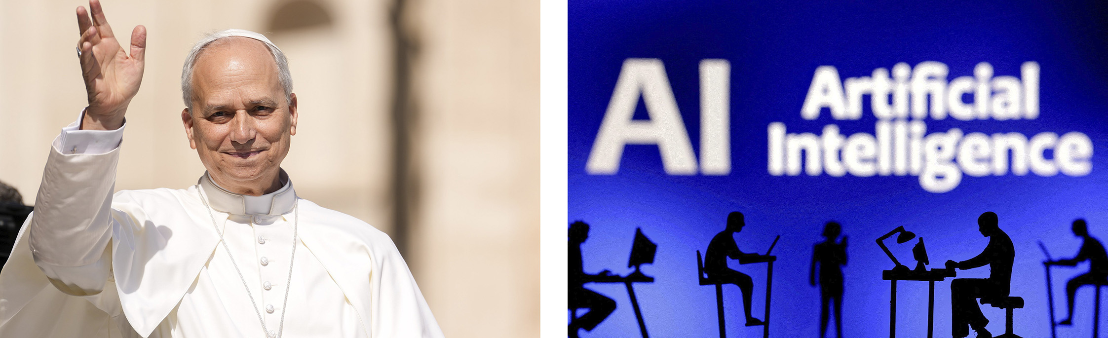 Pope Leo XIV is pictured in a photo taken June 4, 2025, alongside an illustration of artificial intelligence. (CNS/Lola Gomez, Reuters/Dado Ruvic)