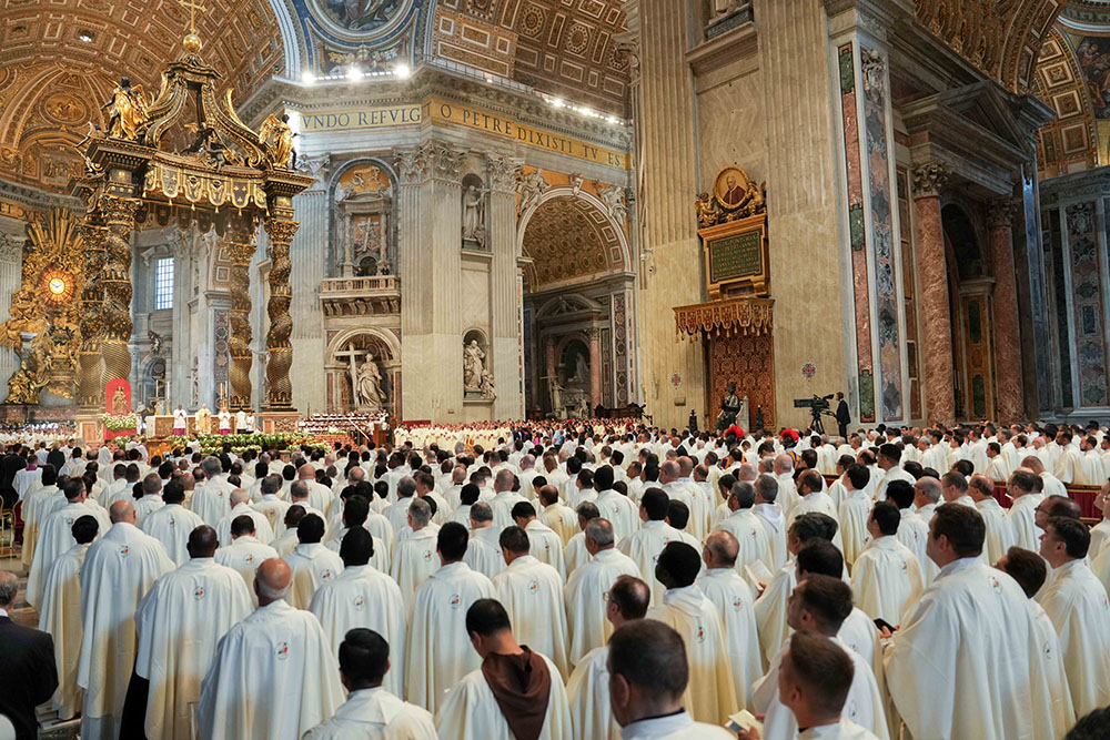 Priests join in prayer during Mass with Pope Leo XIV on the feast of the Sacred Heart of Jesus in St. Peter’s Basilica at the Vatican June 27, 2025. (CNS/Lola Gomez)