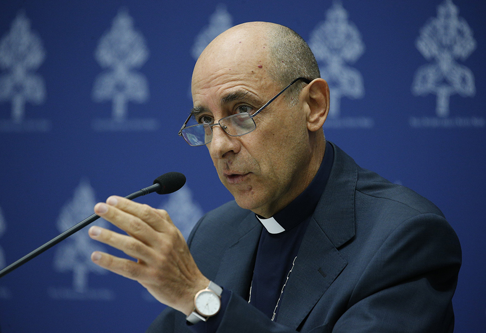 Cardinal Víctor Manuel Fernández, prefect of the Dicastery for the Doctrine of the Faith, speaks to reporters at the Vatican Sept. 19, 2024. The cardinal said on July 3, 2025, that the Catholic Church's approval of blessings of couples in same-sex relationships "will remain" under Pope Leo XIV. (CNS/Justin McLellan)