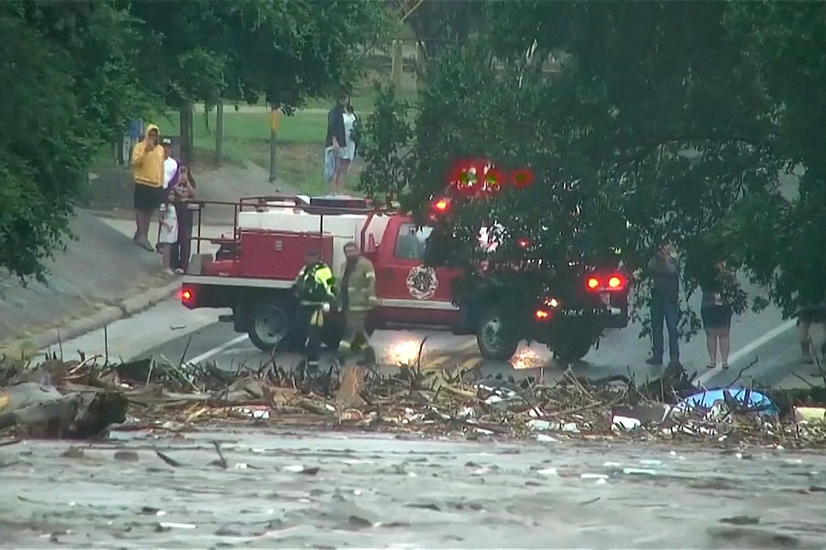  First responders survey rising flood waters of the Guadalupe River after flash flooding in Kerr County, Texas, U.S. July 4, 2025. (OSV News photo/Affiliate KSAT, via Reuters)