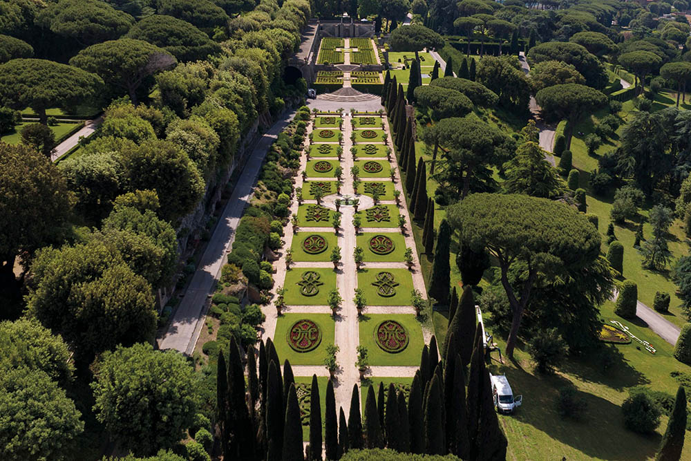 An aerial view of the gardens of the papal villa at Castel Gandolfo, Italy, is seen in 2025. (CNS/Courtesy of Borgo Laudato Si)