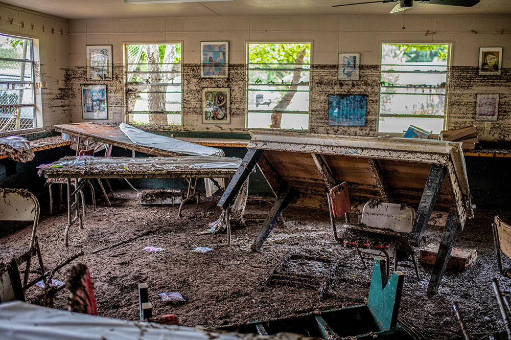 Damaged items lie inside of a cabin at Camp Mystic in Kerr County, Texas, July 7, 2025, in the aftermath of deadly flooding. (OSV News/Reuters/Sergio Flores)