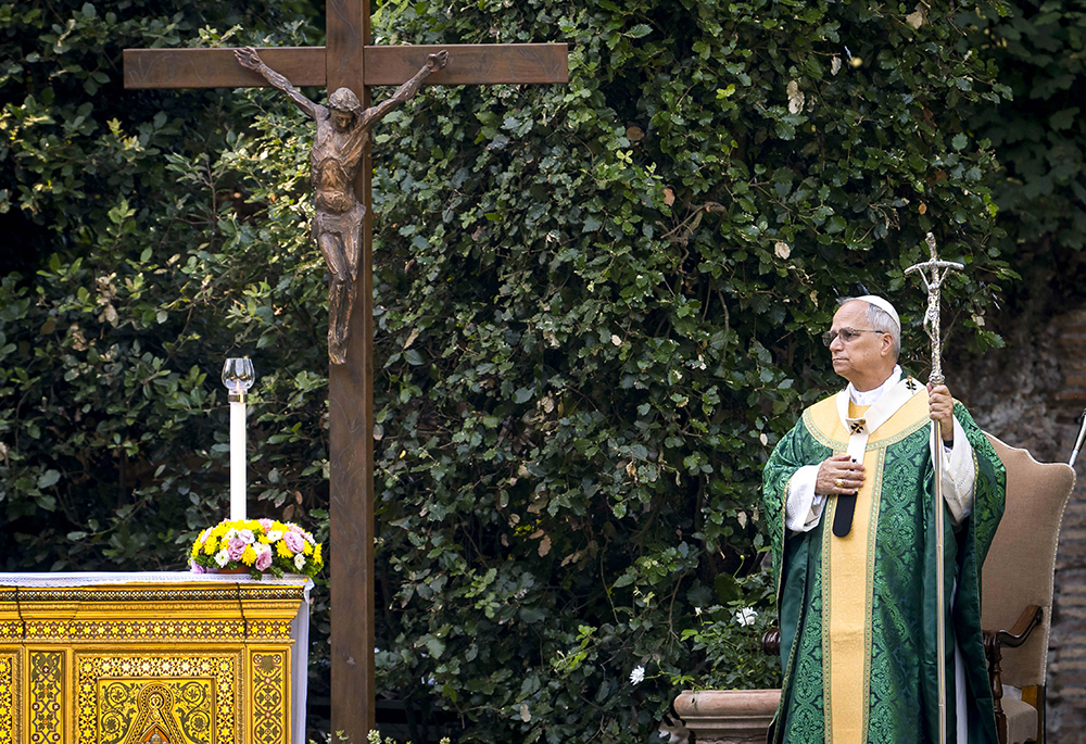 Pope Leo XIV holds his crosier as he celebrates Mass "for the care of creation" on the grounds of the Borgo Laudato Si' ecology center in Castel Gandolfo, Italy, July 9, 2025. (CNS/Cristian Gennari, pool)