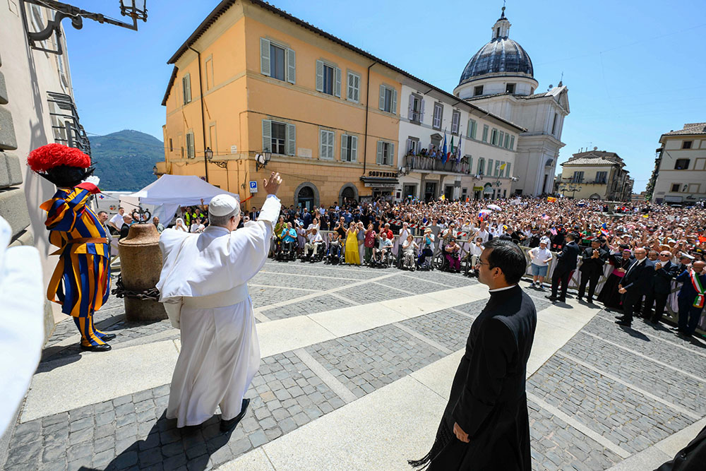 Pope Leo XIV greets visitors at the conclusion of the Angelus in Castel Gandolfo, Italy, July 20, 2025. (CNS/Vatican Media)