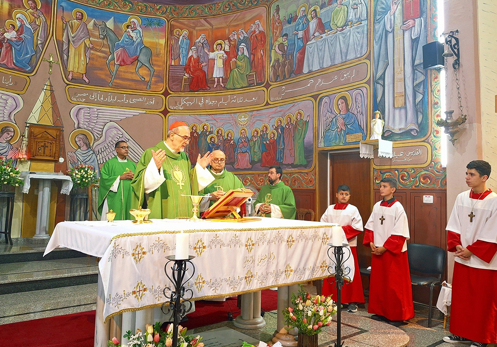 Latin Patriarch of Jerusalem Cardinal Pierbattista Pizzaballa entered the Gaza Strip July 18, 2025 together with Greek Orthodox Patriarch of Jerusalem Theophilos III, offering his support, closeness and prayers following the Israeli army's July 17 attack on Holy Family Parish in Gaza City. Cardinal Pizzaballa in Gaza City until July 20, and is seen offering Sunday morning Mass July 20 in the parish church, accompanied by Fr. Gabriel Romanelli. (OSV News/Courtesy of Holy Family Parish)