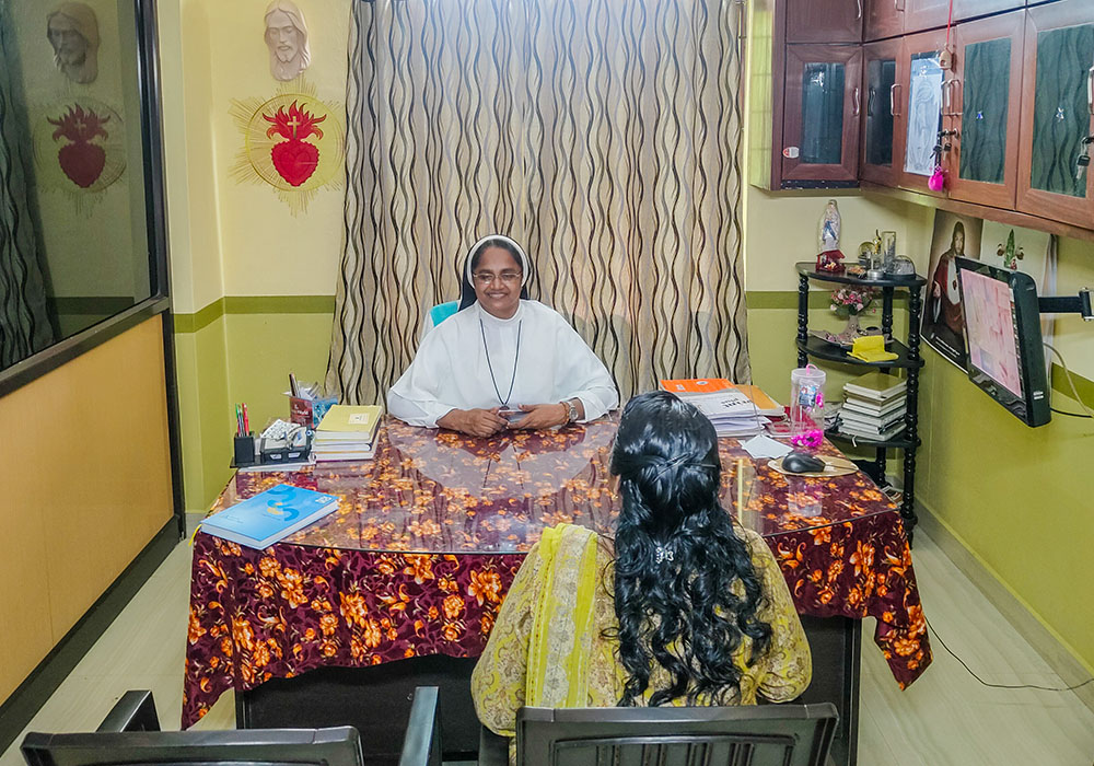 Sacred Heart Sr. Deepthi Maria at her office in the Santhwana De-addiction Centre at Kattippara in Kozhikode district, Kerala, southwestern India (George Kommattam)