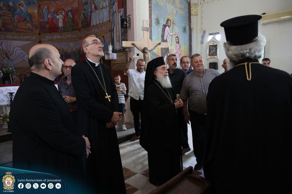 Fr. Gabriel Romanelli, Cardinal Pierbattista Pizzaballa and Greek Orthodox Patriarch Theophilos III visit the Holy Family Church in Gaza City.