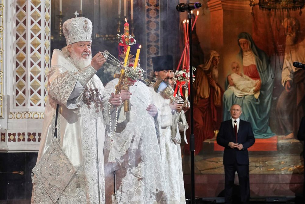 Russian Orthodox Church Patriarch Kirill leads the Easter service accompanied by Russian President Vladimir Putin. Russian Orthodox Church Patriarch Kirill leads the Easter service accompanied by Russian President Vladimir Putin.