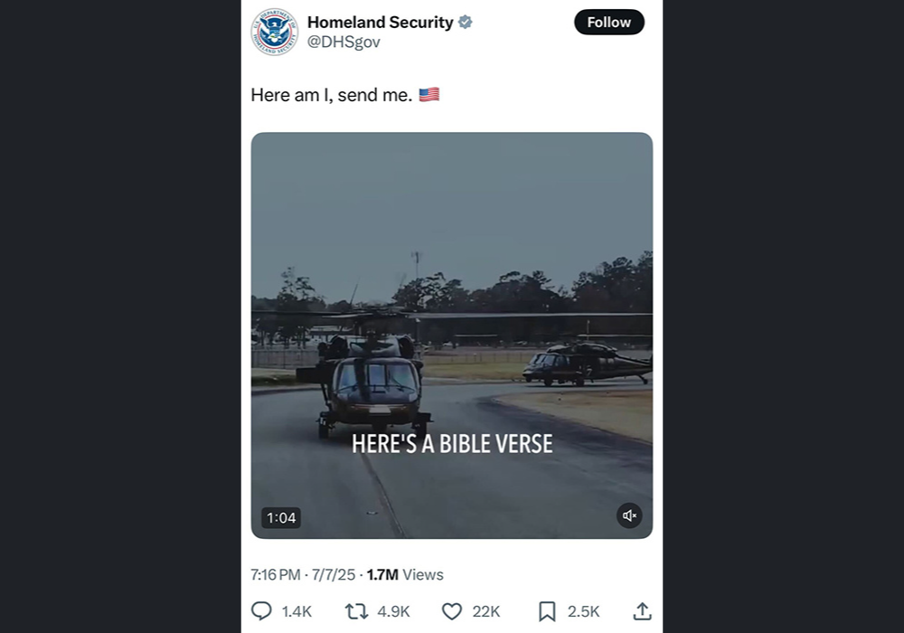 Post from the Department of Homeland Security's official account on X