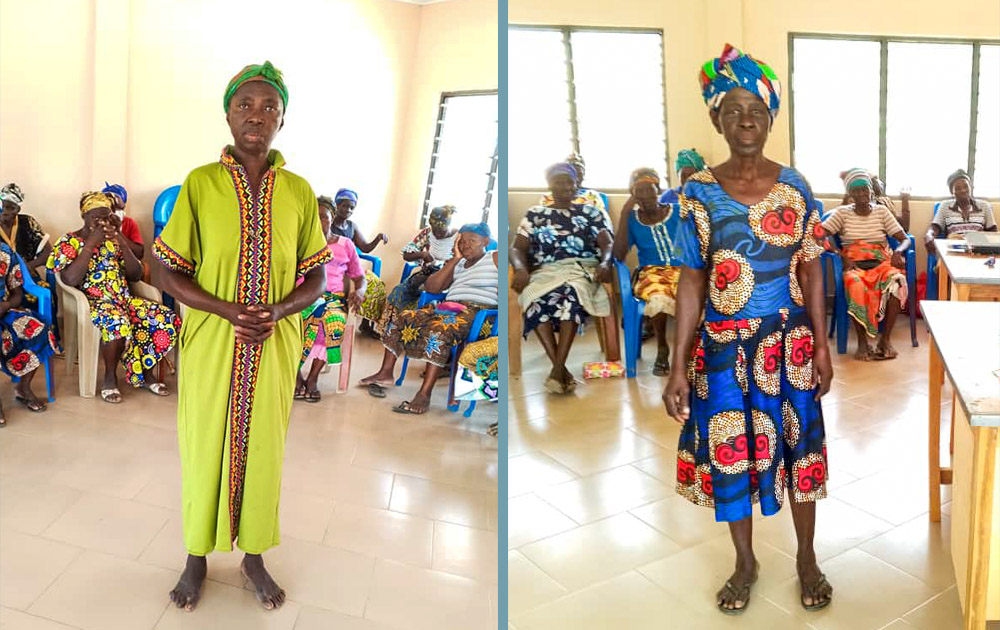 From left: Edith Vo-enga and Angelina Dakuurah, both widows, attend a weekly meeting of St. Monica Widows Association in Ghana. (Photos by Juliana Atuuna)