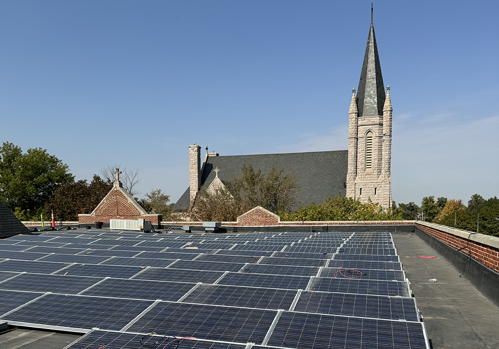 A 70-kilowatt solar array sits atop of Sacred Heart Catholic School, in Omaha. To help cover a portion of the costs, the Catholic school intends to apply for a federal clean energy tax credit. (Afton Energy)