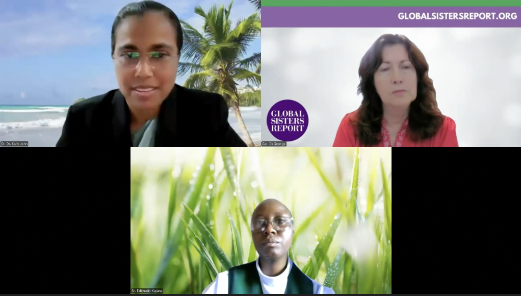 The Witness & Grace conversation, titled "A Healthcare Forum on Mental Wellness," included presenters Sr. Editrudis J. Kajuna, bottom center, who leads the Religious Sister Counsellors Network; Sr. Dr. Sally John, top left, founder of the Treasure Network; and Gail DeGeorge, top right, GSR's former editor emerita who organized the event. (GSR screenshot)