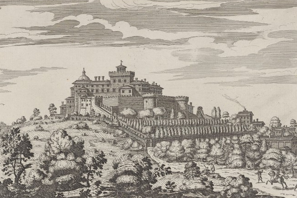 View of the palace and gardens of the Castle Gandolfo, in a detail from a 1665 etching by Giovanni Battista Falda (Wikimedia Commons/Brown.edu)